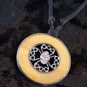 1928 Black and Cream Yellow Pendant Necklace With Crystal Center .18 In Long